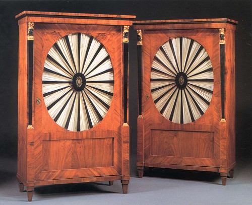 Pair of Biedermeier Gilt-Metal-Mounted Black Walnut, Ebonized and Parcel Gilt Cabinets