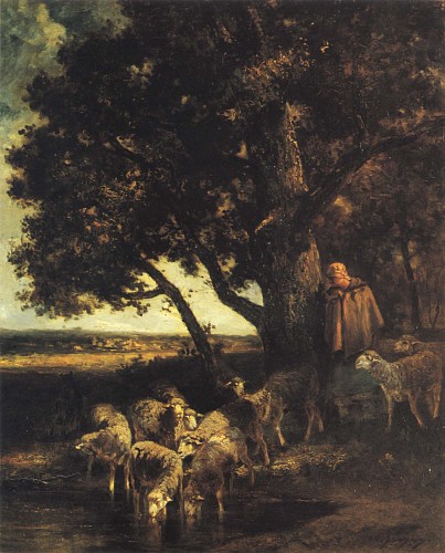 Work: Charles Emile Jacque A Shepherdess and her Flock by a Pool
